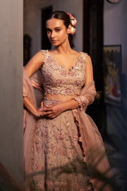 Champagne & Light Coral Tissue Organza Bridal Lehenga